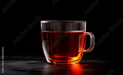 Glass teacup on black background with copy space
