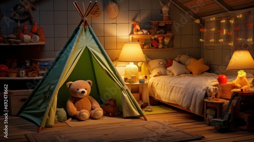 Cozy children s bedroom at night with toys  a teddy bear  and a tent. Kindergarten during night