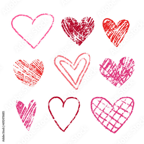 Valentine's day set of hand drawn pastel hearts. Pink crayon strokes hearts isolated on the white background. Sketch of various vector hearts.