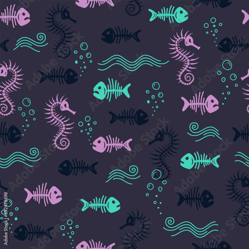 Vector seamless pattern on a dark blue background with underwater sea creatures  fish  seahorses  skeletons