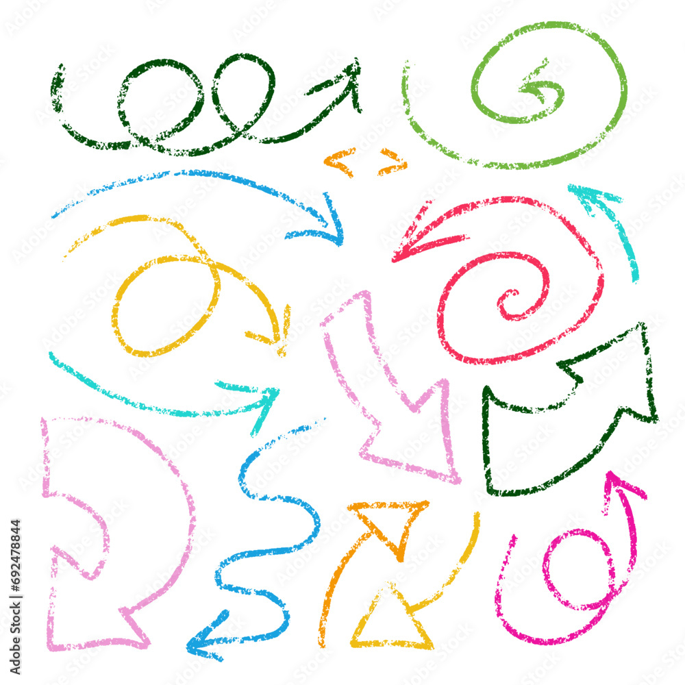 Charcoal arrows icons set. Hand drawn freehand different curved lines, swirls arrows. Crayon strokes drawing, colorful smears. Direction pointers. Scribbles and scrawls. Textured vector illustration. Charcoal arrows icons set. Hand drawn freehand different curved lines, swirls arrows. Crayon strokes drawing, colorful smears. Direction pointers. Scribbles and scrawls. Textured vector illustration.