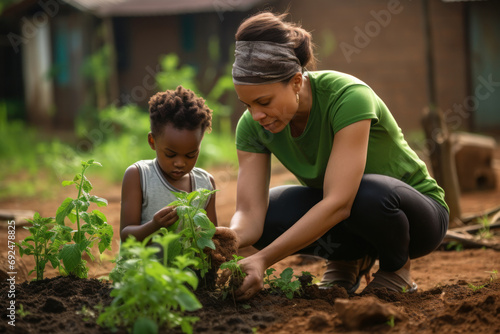 Mother and child tenderly planting seedlings together in a sunlit garden