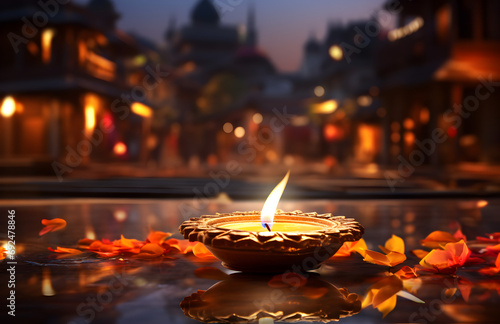 Happy Diwali! 3D render of a lit diya lamp on street at night, with a festive background and rangoli, creating a Diwali celebration greeting card,