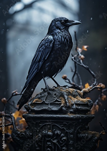 Majestic Raven Perched Atop a Gothic Tombstone. Generative ai