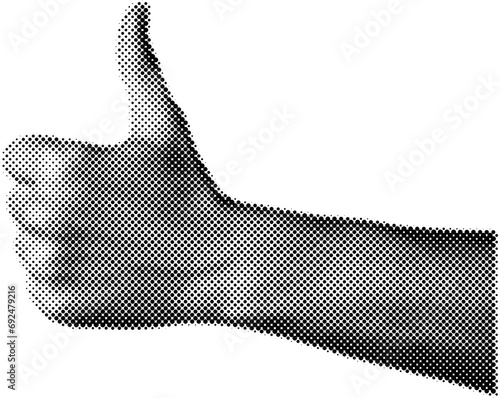 Thumbs up hand gesture in halftone dots texture, isolated black and white vector design element