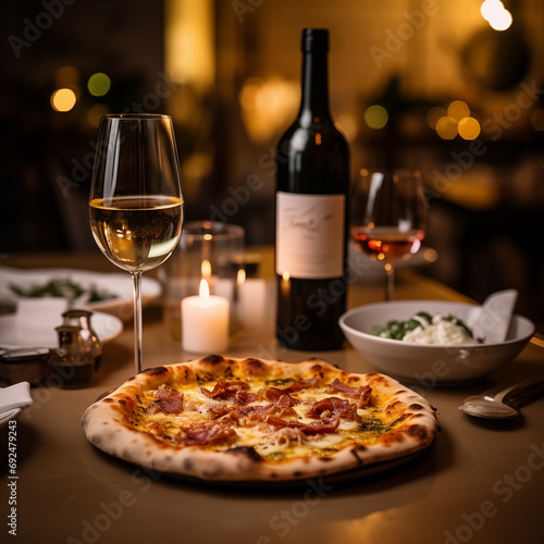 pizza carbonara with wine in italian restaurant