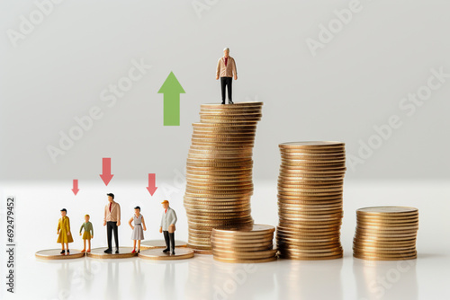 Concept of a businessman standing on a high stack of coins. Income level. Economic inequality