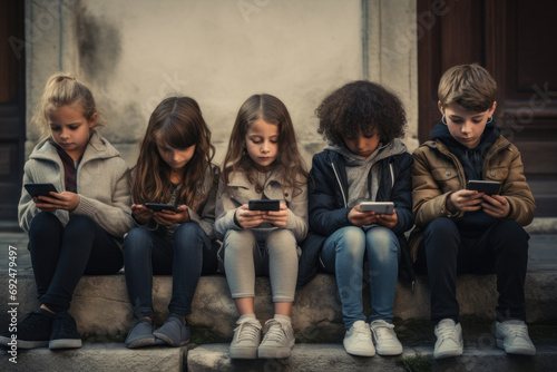 Group of children engrossed in smartphones, illustrating the social issue of technology addiction