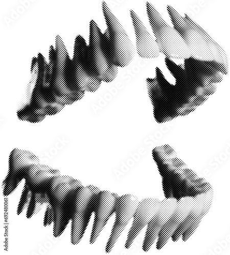 Teeth in halftone dots texture, isolated black and white vector design element