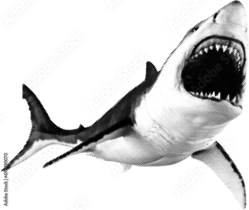 Shark in halftone dots texture, isolated black and white vector design element