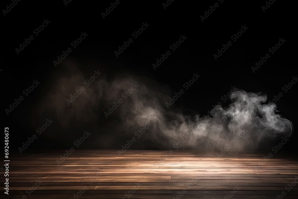 Mesmerizing dance of smoke and light. Abstract background showcases playful interaction of black fog and white mist forming swirls curves and waves with wooden floor