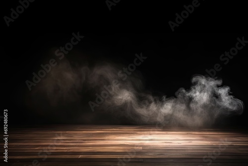 Mesmerizing dance of smoke and light. Abstract background showcases playful interaction of black fog and white mist forming swirls curves and waves with wooden floor