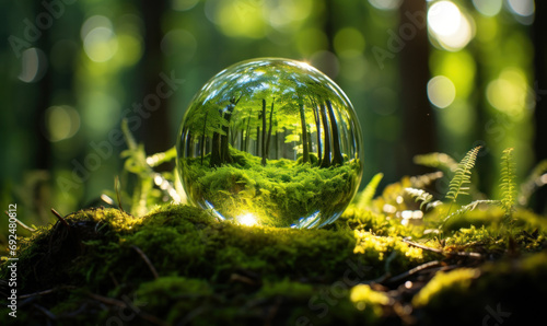 glass sphere in the forest on a moss cushion, concept of clean nature, ecological safety, preservation of the earth © Jam