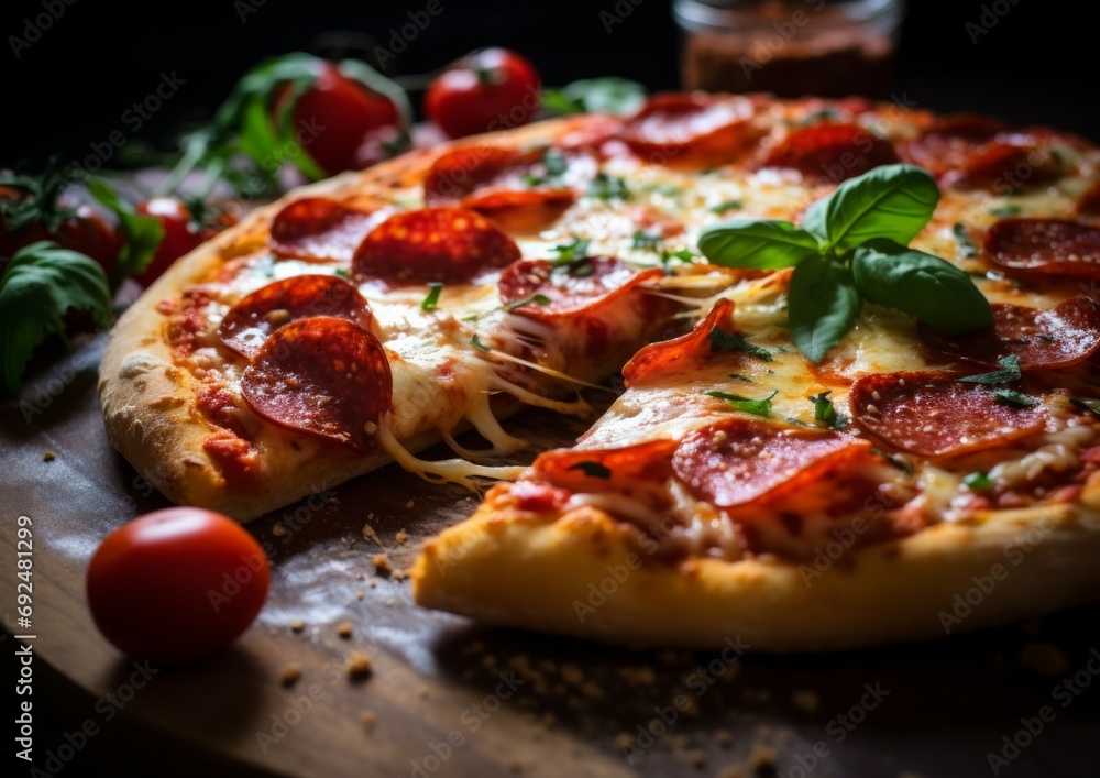 Macro close up photo of supreme mix pizza with tasty slices on wood table background in rustic kitchen. Food photography. Macro close up photo of supreme mix pizza with tasty slices on wood table background in rustic kitchen. Food photography.
