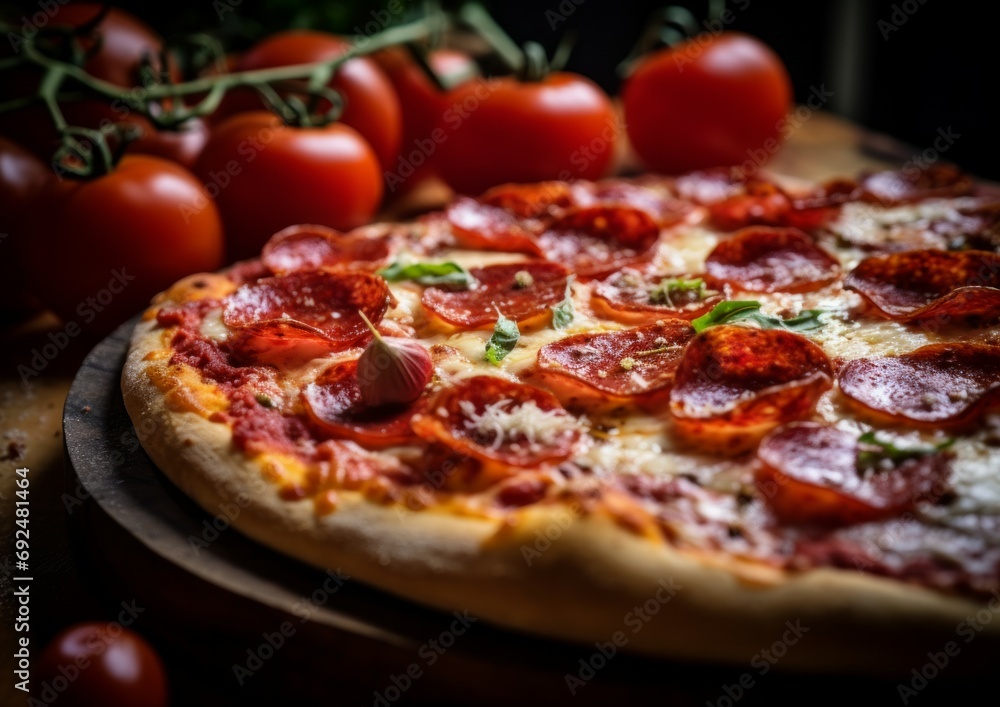 Macro close up photo of supreme mix pizza with tasty slices on wood table background in rustic kitchen. Food photography.