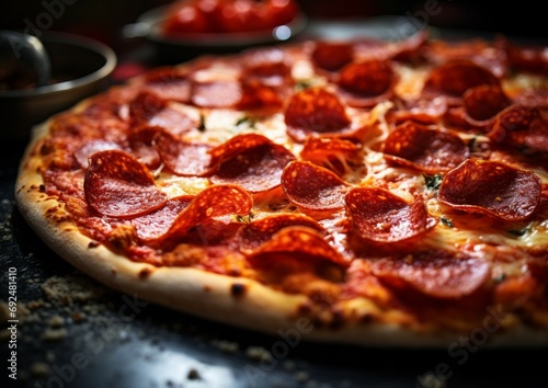 Macro close up photo of supreme mix pizza with tasty slices on wood table background in rustic kitchen. Food photography.