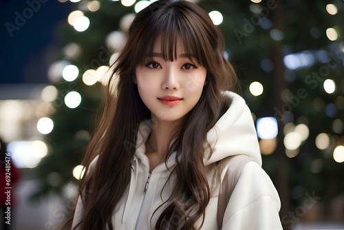 A young japanese woman with long wavy hair and bangs wearing winter clothing in a Christmas decorated plaza full of lights and big Christmas tree  © Roselita