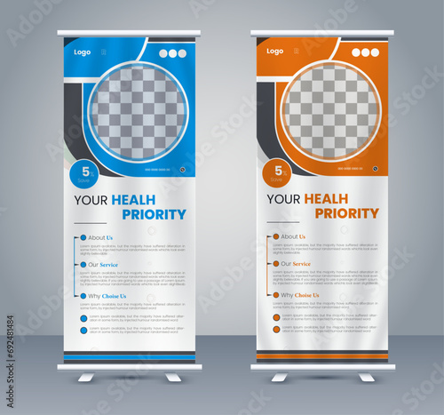 Roll up banner set design, advertisement medical roll up banner template photo