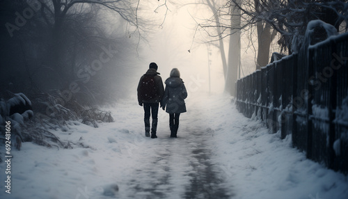 Two people walking along the side of the road in heavy snow