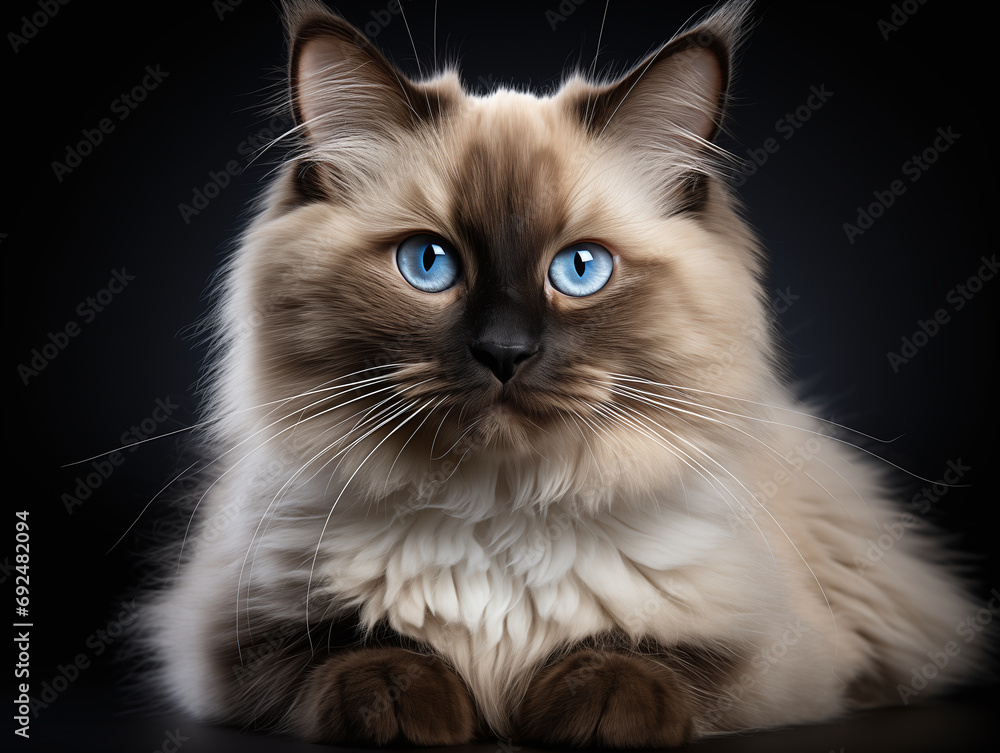 Banner of a close up, portrait of a birman cat with blue eyes looking at the camera, studio background. Poster, Wallpaper, For print
