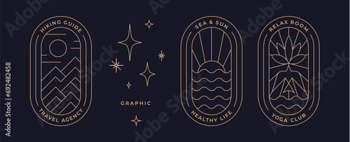 Set of minimalist line art logo template. Simple modern design line graphic badge for brand. Landscape sun, sea, mountain, travel hill outdoor. Collection vintage line icon sign. Vector Illustration