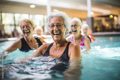 cheerful older women exercising in the swimming pool © jordi