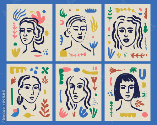 Vector set of abstract woman faces, matisse style illustrations, collage portrait posters, prints. Brush drawing with cutout organic elements