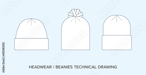 Blank Beanies Technical Drawing, Headwear Blueprint for Fashion Designers. Detailed Editable Vector Illustration, Black and White Knit Hat Accessory Schematics, Isolated Background. 
 photo