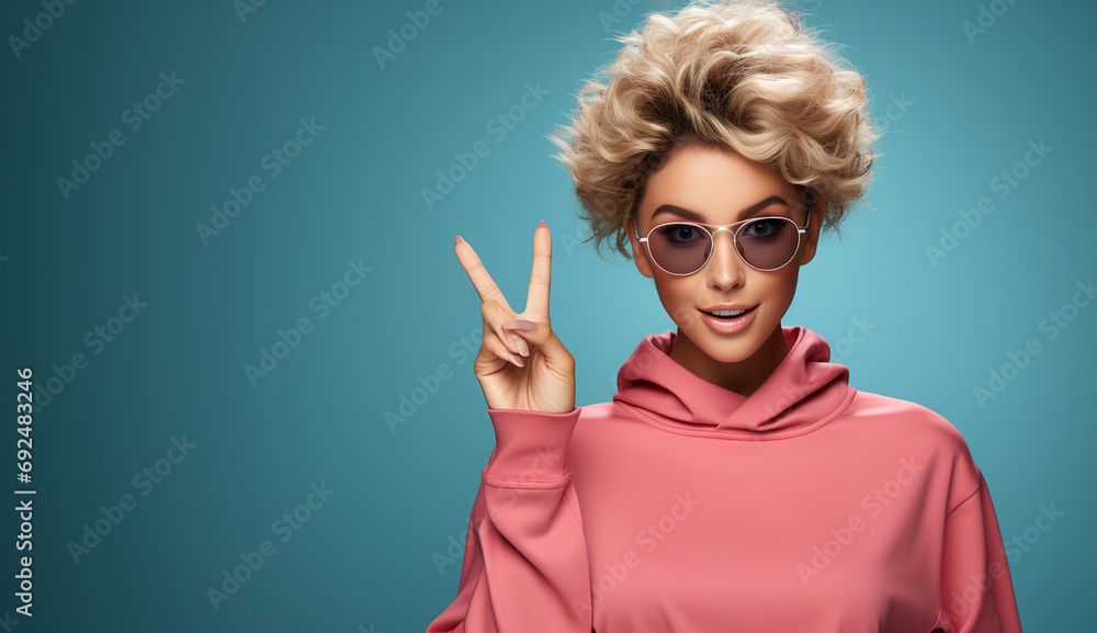 Beautiful woman in pink hoodie and sunglasses showing peace sign over blue background. ai generated Beautiful woman in pink hoodie and sunglasses showing peace sign over blue background. ai generated