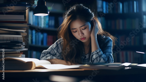 Female university student study reading books in library at university at night