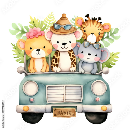 Cute Little Safari Animals In Car Watercolor Clipart Illustration