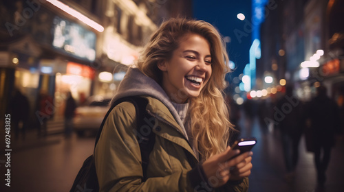 Young woman smiling using smartphone standing on the night city street full of neo light photo