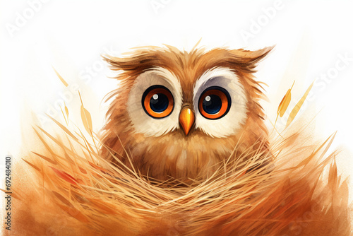 cartoon illustration of an owl in a grass nest