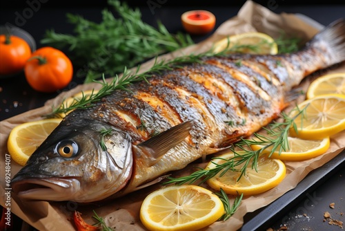 Fresh Sea Bass with Tangy Lemon and Aromatic Green Herbs. Exquisite Delicacy on a Plate.