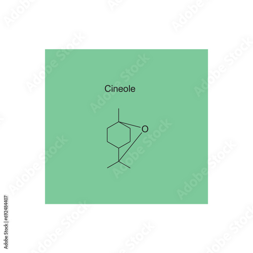 Cineole skeletal structure diagram.Monoterpene ketone compound molecule scientific illustration on green background. photo