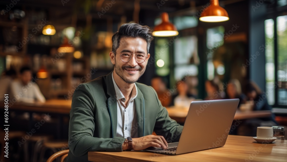 Cafe Connectivity: Man in Glasses Smiles, Focuses on Laptop Work Cafe Connectivity: Man in Glasses Smiles, Focuses on Laptop Work