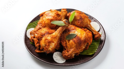 Fried full chicken on a table, white isolated background
