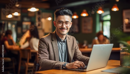 Online Freelancer: Asian Man Works on Computer in Stylish Cafe