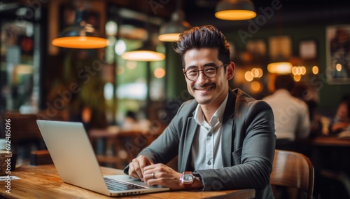 Tech Savvy Asian: Freelancer Embraces Digital Work in Cafe photo