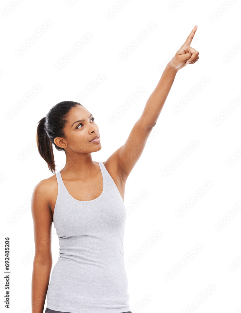 Pointing up, fitness and woman with promotion, decision and wellness isolated on a white studio background. Person, hand gesture and model with exercise, options and choice with sports or workout Pointing up, fitness and woman with promotion, decision and wellness isolated on a white studio background. Person, hand gesture and model with exercise, options and choice with sports or workout