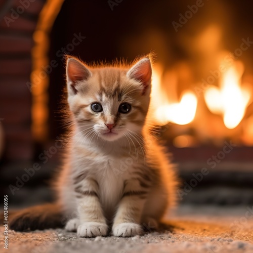 Cute Kitten by the Fireplace