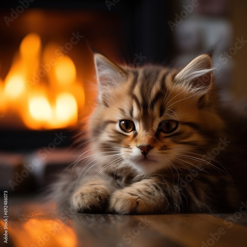 Cute Kitten by the Fireplace