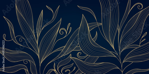 Vector artdeco floral pattern, gold flower wallpaper, leaves japanese style illustration. Elegant, fancy drawing.