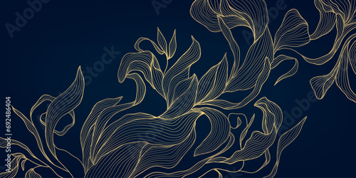 Vector artdeco floral pattern, gold flower wallpaper, leaves japanese style illustration. Elegant, fancy drawing. photo