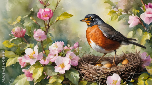 Watercolor illustration of a robin and a nest with eggs in spring.Generative AI. © pla2u
