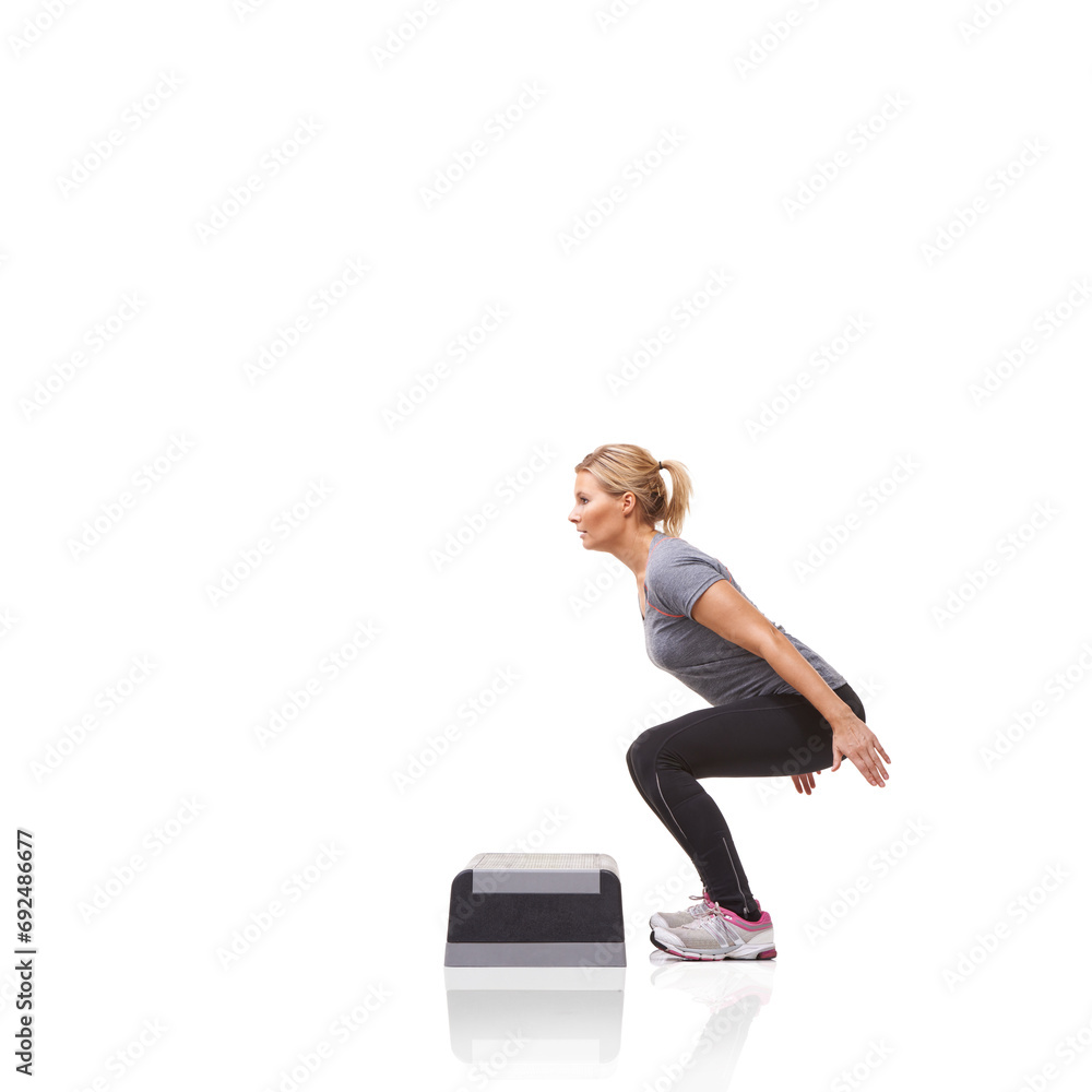 Obraz premium Exercise, woman and aerobics with health, training and wellness isolated on a white studio background. Person, girl and model with steps, fitness and workout with cardio, healthy and mockup space