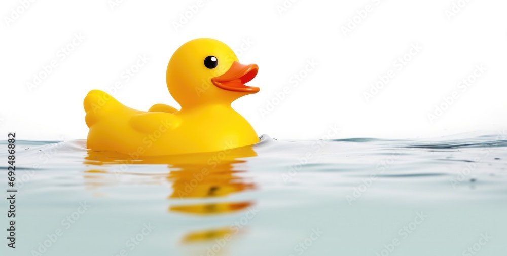 Rubber duck floating on the surface of water on white background, banner with space for your text Rubber duck floating on the surface of water on white background, banner with space for your text
