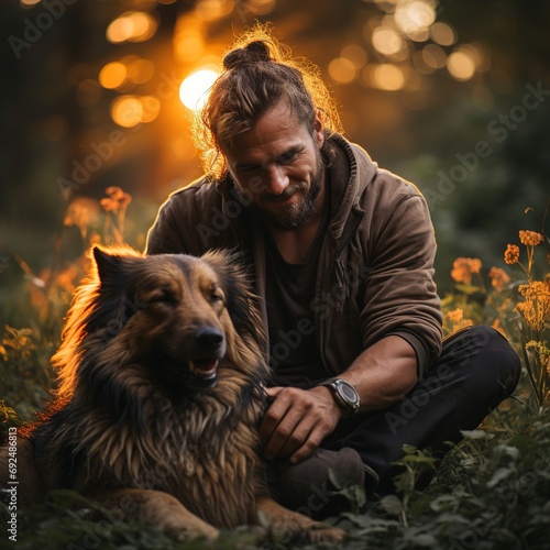 A man with a Dog in the woods. © Olga