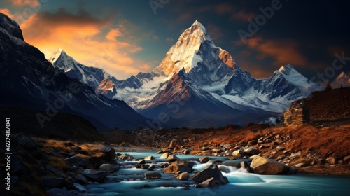 Evening panoramic view of Ama Dablam on the way to Everest Base Camp - Nepal photo