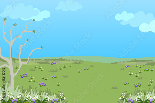 Spring Landscape green field with flower sun yellow blue sky. Countryside Landscape farm land hill mountain with snowdrop sunset scene. Vector illustration copy space